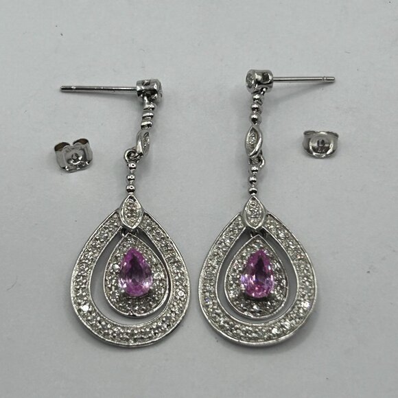 14k White Gold with .25ctw Pear Cut Pink Sapphire & Pave Diamond Dangle Earrings - Picture 5 of 7